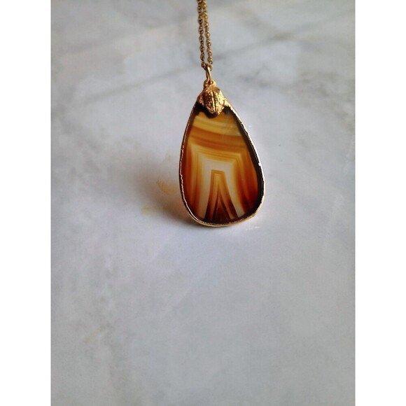 Agate Jewelry - VTG Natural Banded Agate Slice Necklace 14k Gold Filled Stone Pendant Raw Quartz